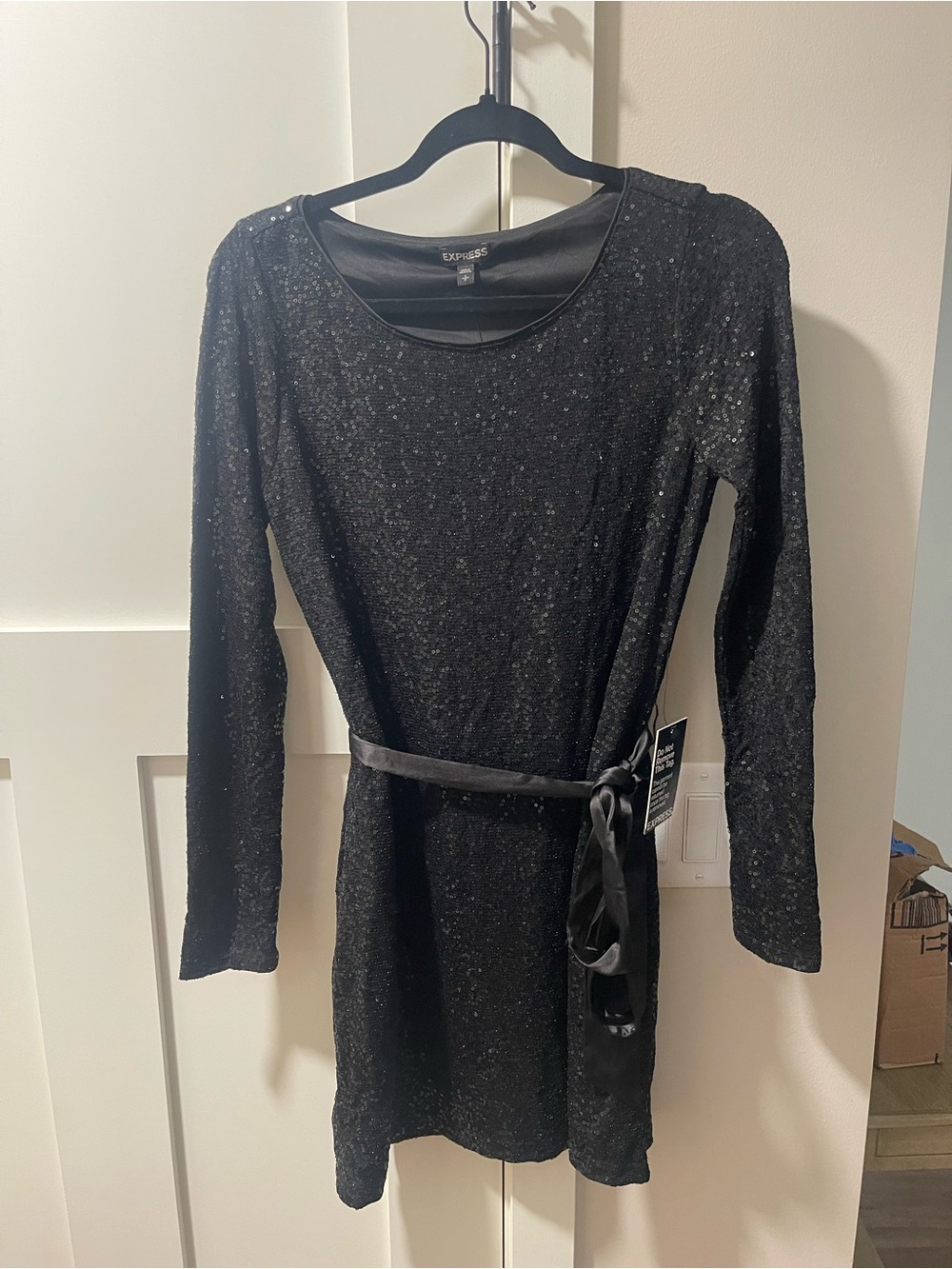 Express Black Sequin Long Sleeve Belted Dress